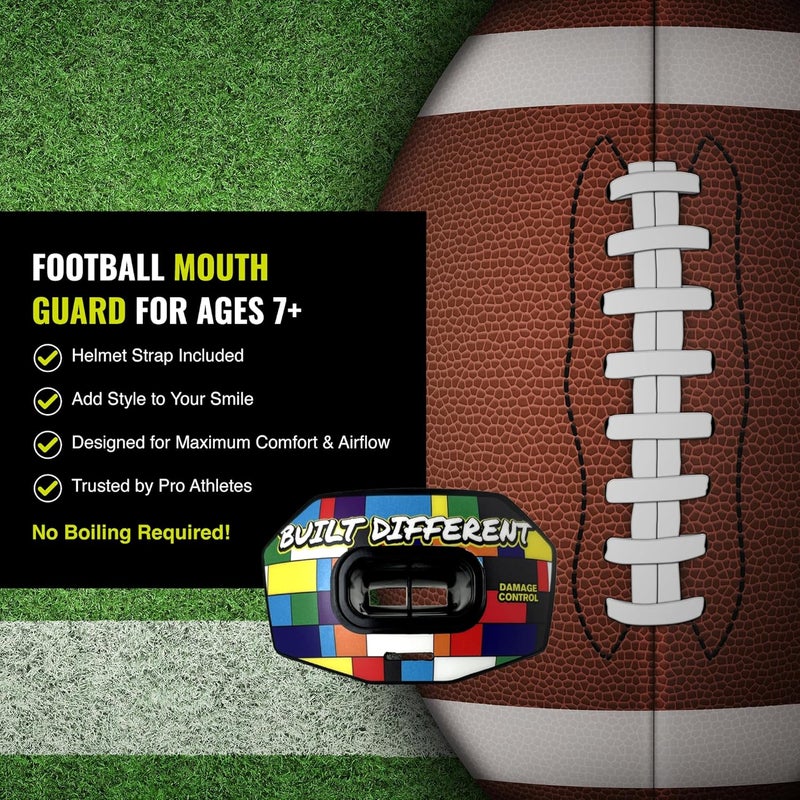 DAMAGE CONTROL Youth Football Mouth Guard – Breathable No Boil Mouthpiece, Protects Lips & Teeth, Works with Braces, Includes Helmet Strap – Sports Gear & Accessories (Built Different) - Image 4